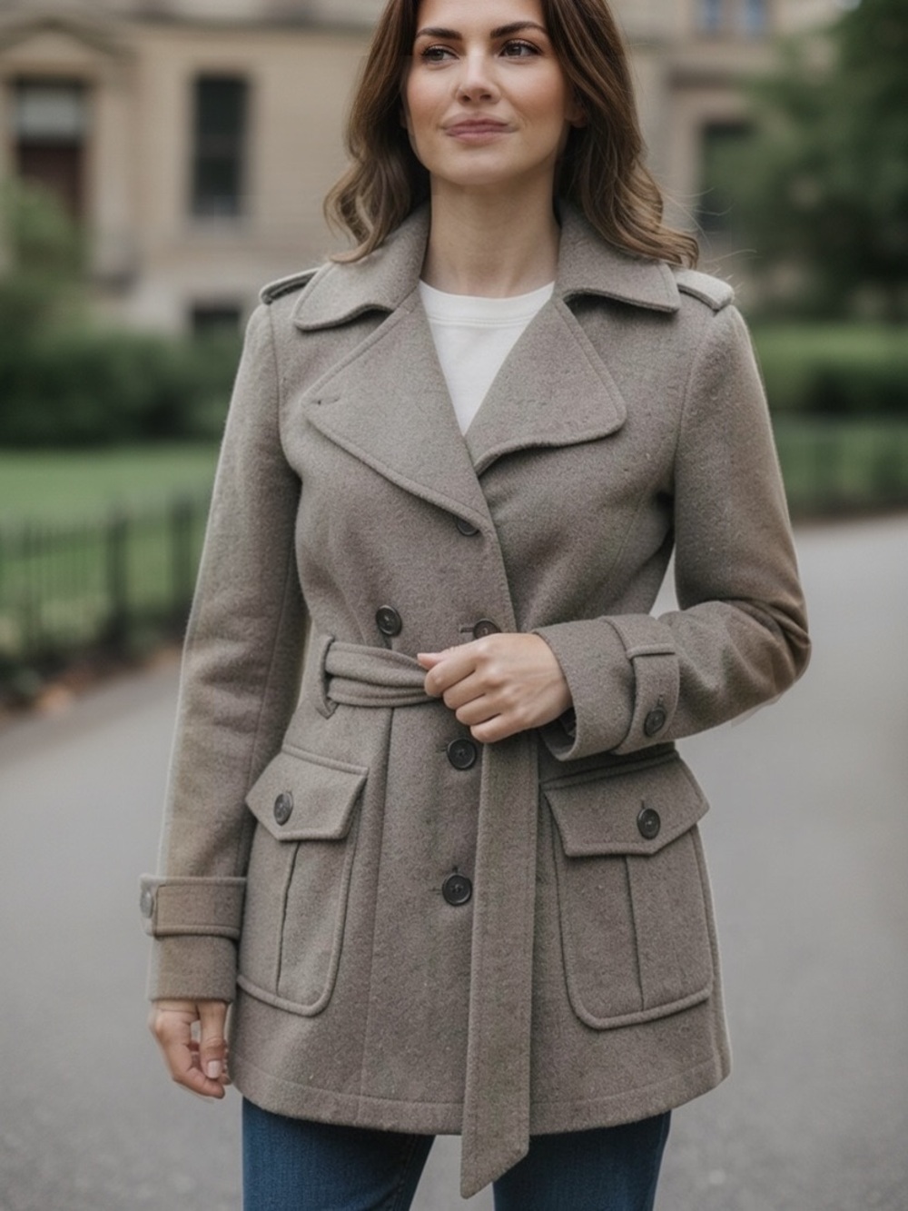 Converse "One Star" Tan Wool Blend Belted Pea Coat